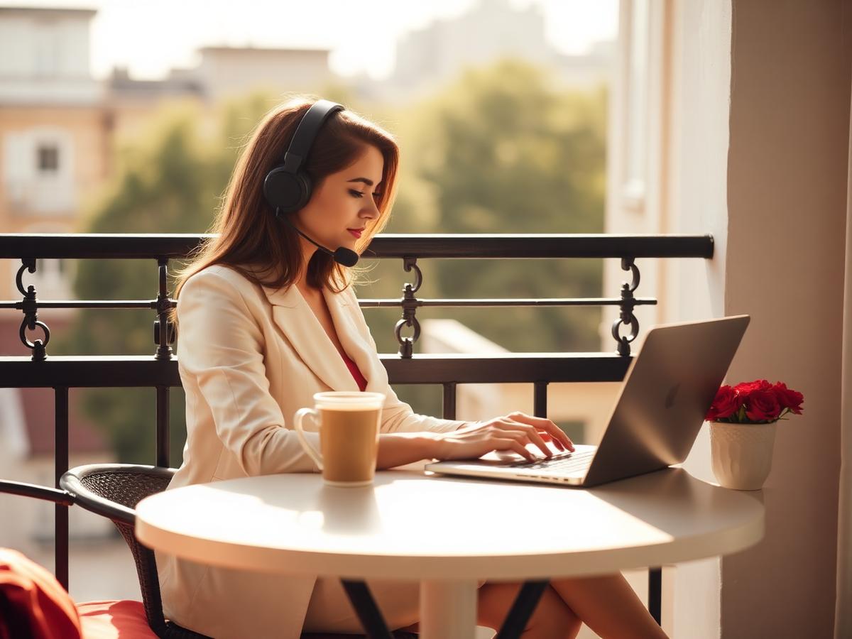 Working remotely from a sunlit balcony with a headset and laptop